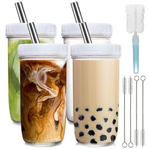 yirilan glass cups - 4 pack 24oz mason jar drinking glasses with lids and straws,reusable boba cups,iced coffee cup/tumbler, smoothie cup