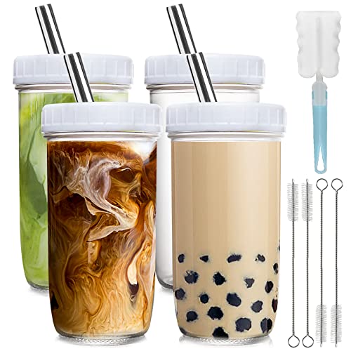 Yirilan Glass Cups - 4 Pack 24oz Mason Jar Drinking Glasses with Lids and Straws,Reusable Boba Cups,Iced Coffee Cup/Tumbler, smoothie cup