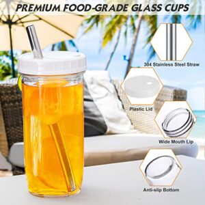 Yirilan Glass Cups - 4 Pack 24oz Mason Jar Drinking Glasses with Lids and Straws,Reusable Boba Cups,Iced Coffee Cup/Tumbler, smoothie cup