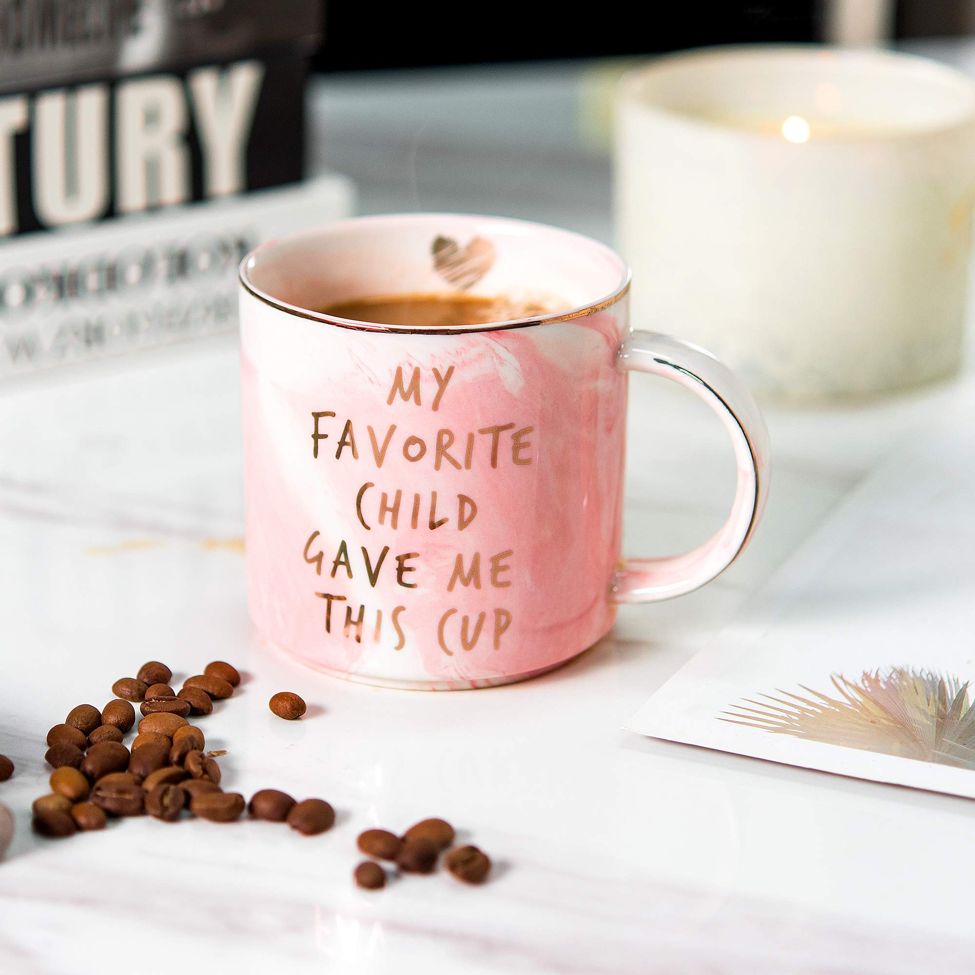 Hendson Mom Gifts From Daughter Son - Birthday Gift For Mother - Mothers Day, Christmas, New Moms Coffee Mug Novelty Gift for Women - My Favorite Child Gave Me This Cup - Pink Marble Mug, 11.5oz