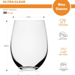 LUXU Stemless Wine Glasses(Set of 6)-20 oz,Crystal Wine Cups for Red or White Wine,Large Water Juice Glasses,No Stem Glass Beverage Cups,Clear Drinking Tumblers for Any Occasion