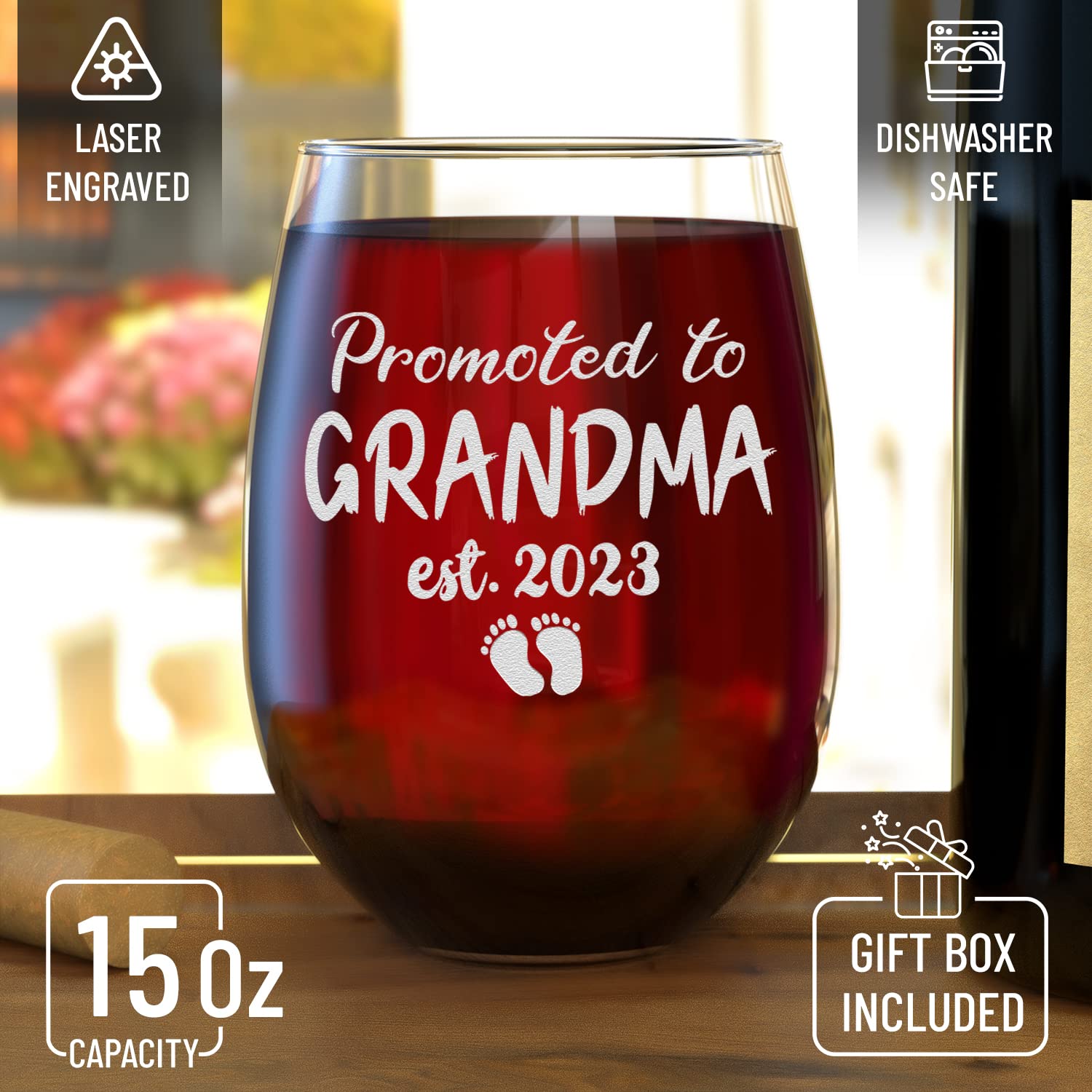 shop4ever Promoted To Grandma Est 2023 Engraved Stemless Wine Glass Gift for First Time Grandmother, New Grandma, Grandma to Be, Grammy