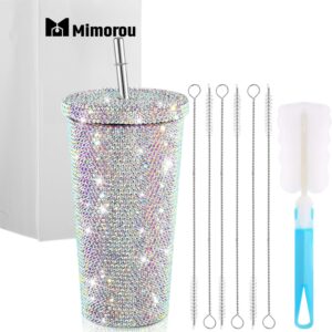 Studded Bling Diamond Tumbler Glitter Water Bottle with Lid Stainless Steel Vacuum Thermal Straw Tumbler Rhinestone Tumbler with 1 Pcs Cup Brush 6 Pcs Straw Brushes for Women(AB Color, 16.9 oz)