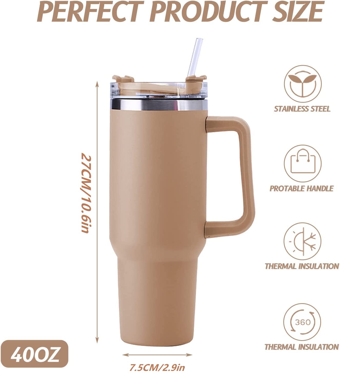 Bileeko 40 oz Tumbler with Handle and Straw, Reusable Stainless Steel Insulated Travel Mug Iced Coffee Cup Maintains Cold, Heat, and Ice for Hours(Driftwood)