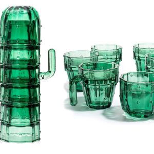 Cactus Stackable Glasses, Stacktus Gifts, Set of 6-10 oz Cactus Shape Glasses With Handles Green Glass Blown Figurines Plant Decorations for Parties 5" H 5" W - Copyright Design, Patent Pending