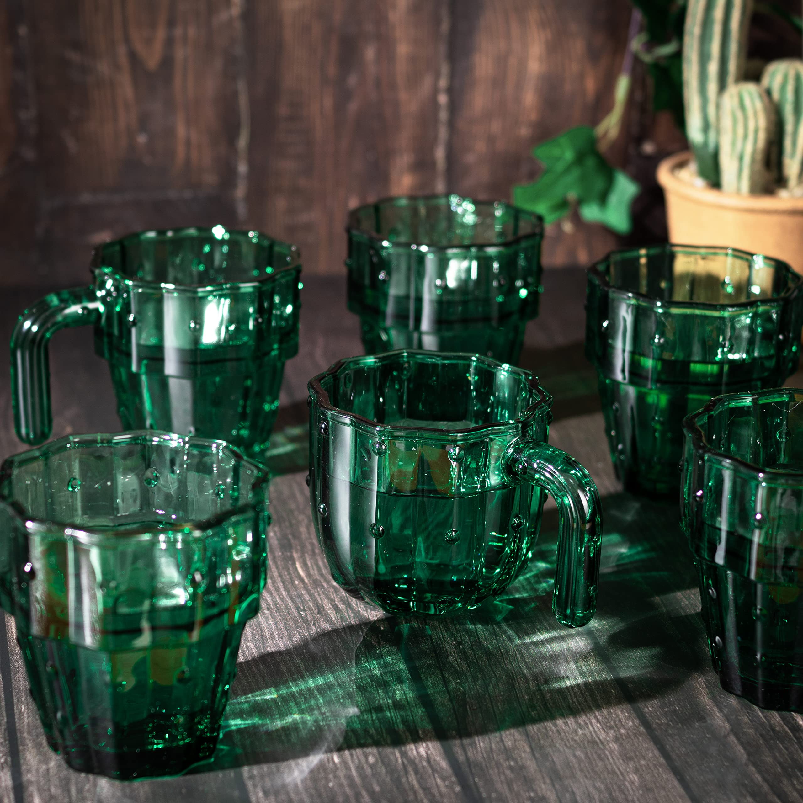 Cactus Stackable Glasses, Stacktus Gifts, Set of 6-10 oz Cactus Shape Glasses With Handles Green Glass Blown Figurines Plant Decorations for Parties 5" H 5" W - Copyright Design, Patent Pending