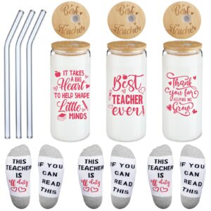 Tanlade 6 Pcs Teacher Appreciation Gifts Set Include Teacher Glass Cup with Lid and Glass Straw Teacher Tumbler Teacher Appreciate Socks Teacher Gifts Cool for Women Men Holiday Graduation Birthday