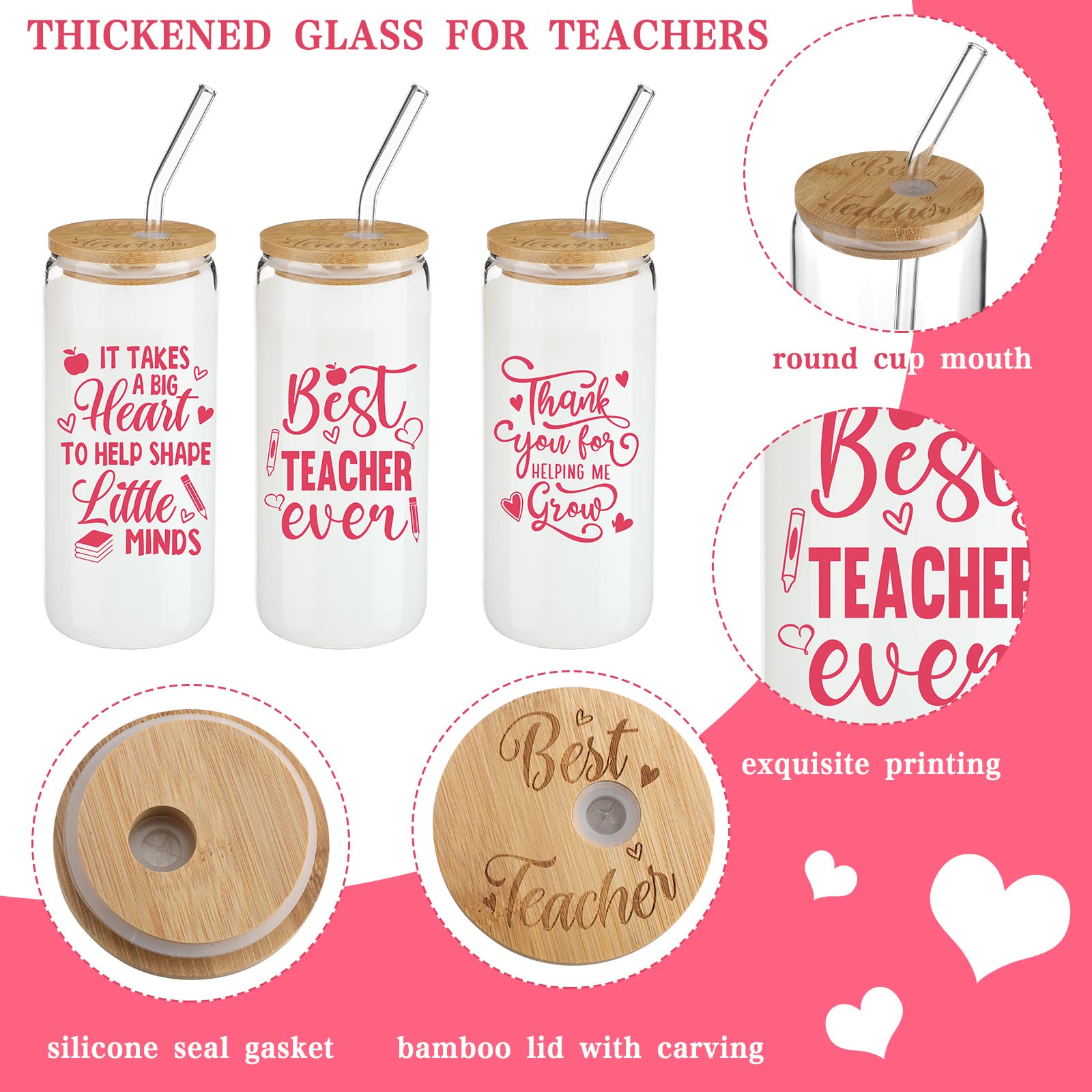 Tanlade 6 Pcs Teacher Appreciation Gifts Set Include Teacher Glass Cup with Lid and Glass Straw Teacher Tumbler Teacher Appreciate Socks Teacher Gifts Cool for Women Men Holiday Graduation Birthday