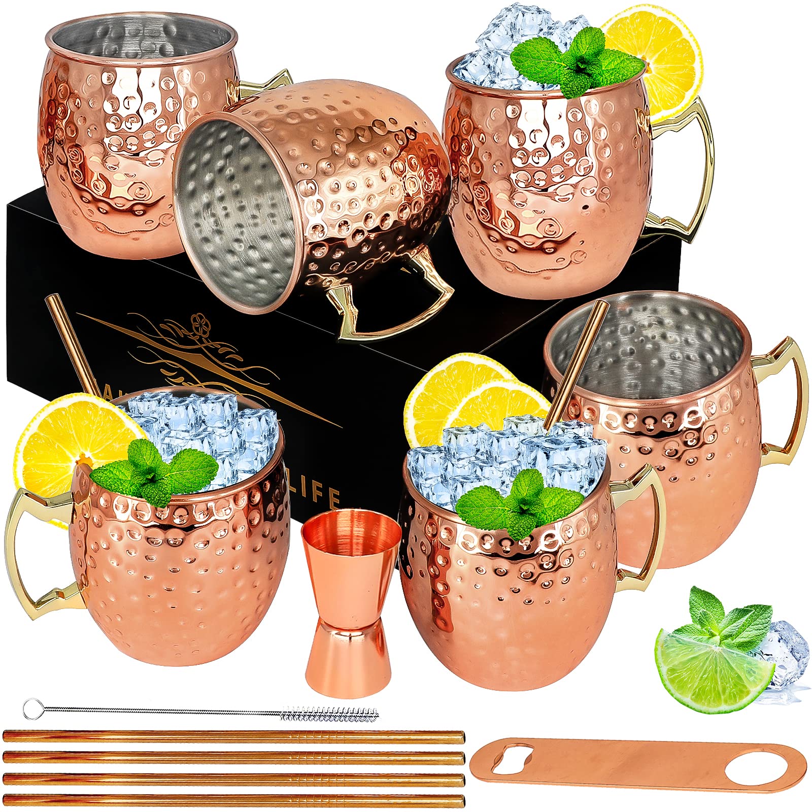 LINALL Moscow Mule Copper Mugs- Set of 6 Copper Plated Stainless Steel Mug 18oz, for Chilled Drinks (6 Pack)