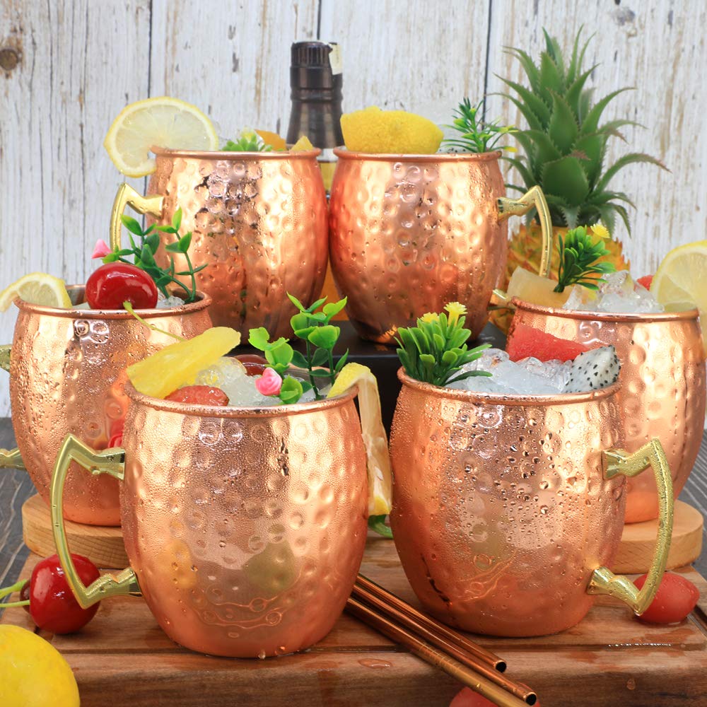 LINALL Moscow Mule Copper Mugs- Set of 6 Copper Plated Stainless Steel Mug 18oz, for Chilled Drinks (6 Pack)