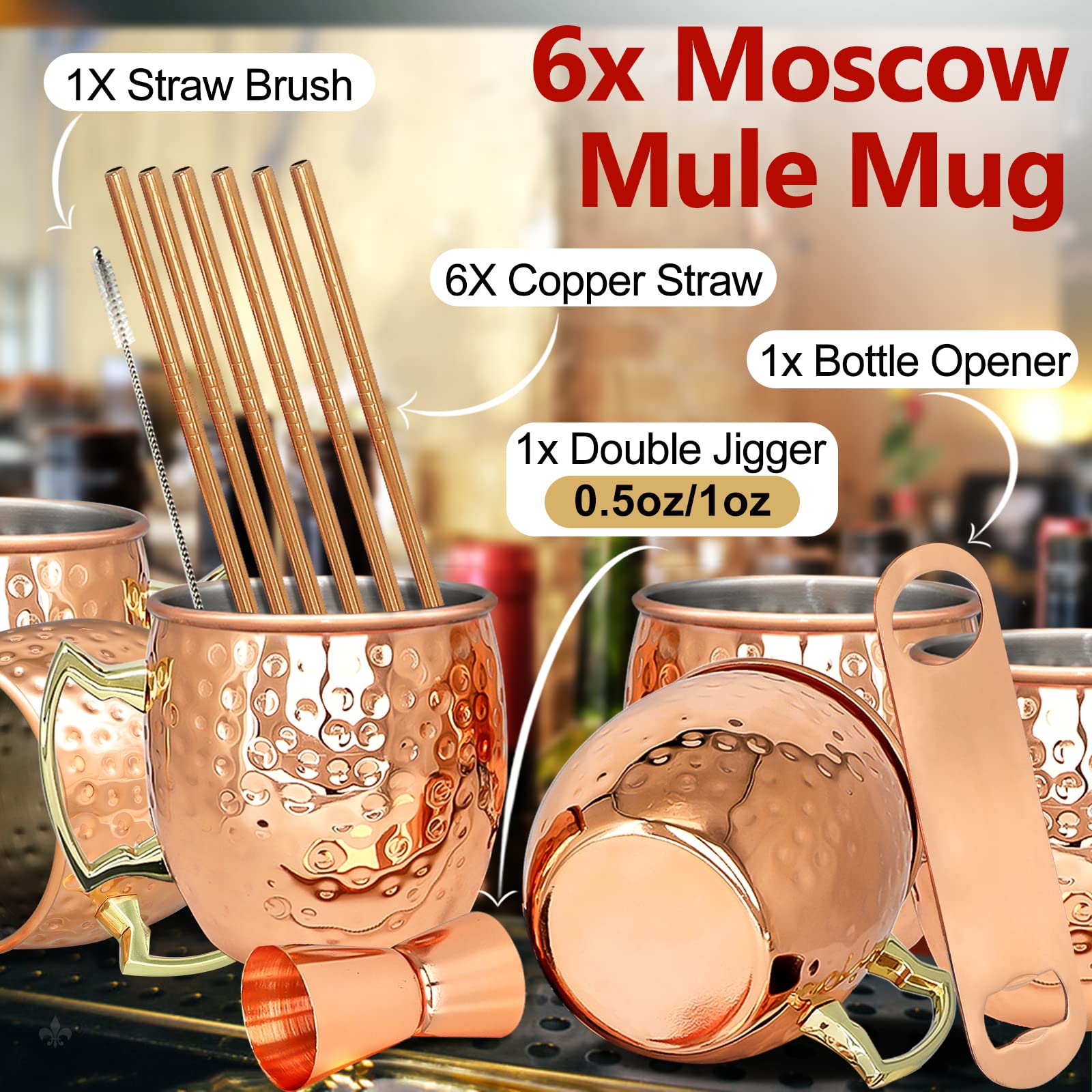 LINALL Moscow Mule Copper Mugs- Set of 6 Copper Plated Stainless Steel Mug 18oz, for Chilled Drinks (6 Pack)