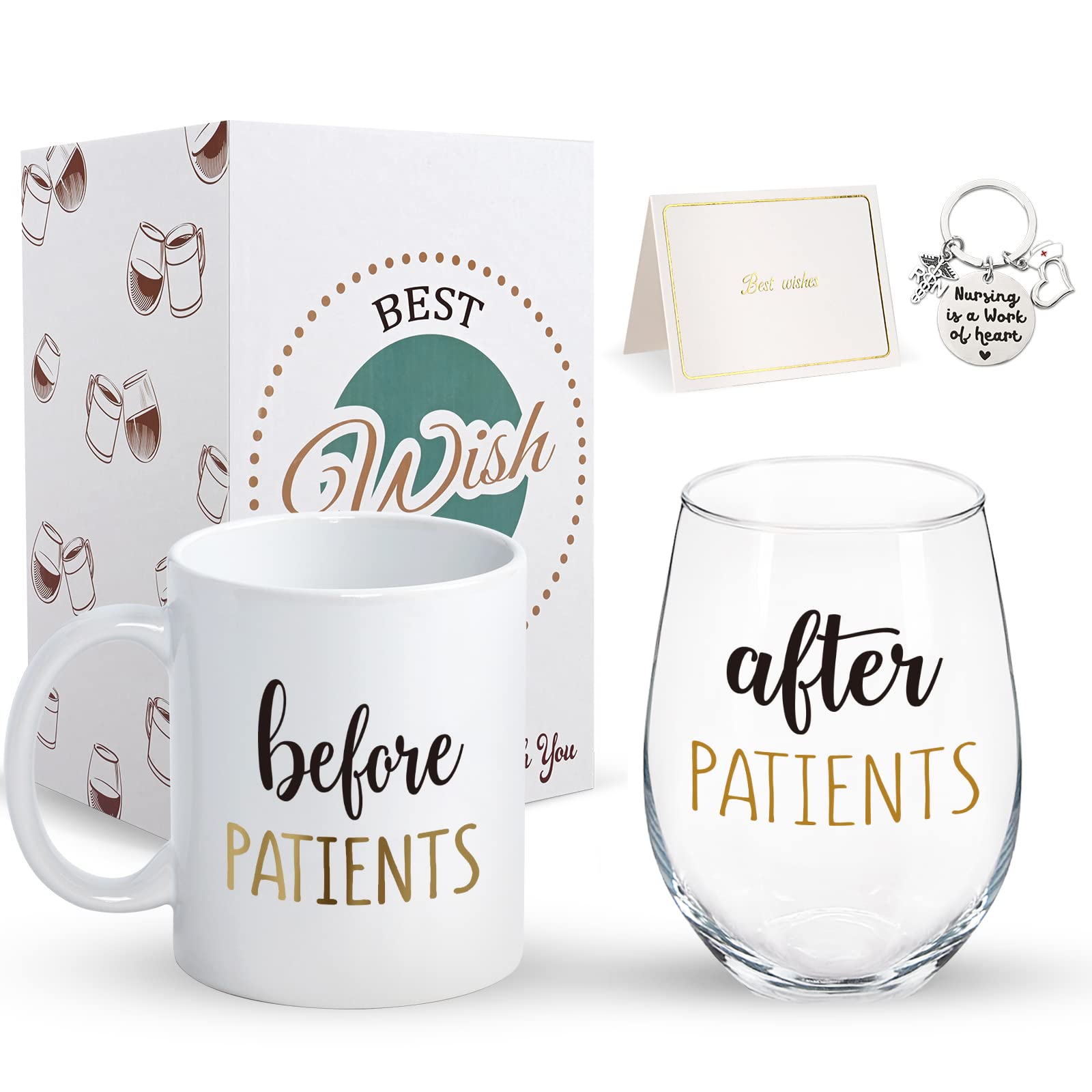 Gtmileo Before Patients, After Patients 11oz Coffee Mug and 15oz Stemless Wine Glass Gift Set, Nurses Week Birthday Graduation Gift Idea for Nurse RN Doctors Hygienists Physicians Dentists