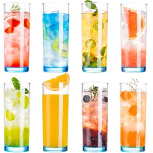 claplante 8 pcs crystal highball glasses, 13 oz drinking glasses with heavy base, tall glass sets, water glasses, mojito glass cups, bar glassware, cocktail glass set, beer glass (blue base)