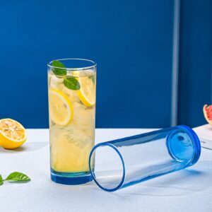 Claplante 8 Pcs Crystal Highball Glasses, 13 oz Drinking Glasses with Heavy Base, Tall Glass Sets, Water Glasses, Mojito Glass Cups, Bar Glassware, Cocktail Glass Set, Beer Glass (Blue Base)