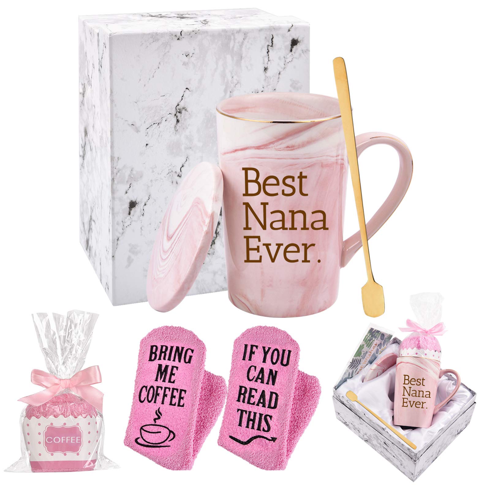 Best Nana Ever Funny Coffee Mug Nana Gifts for Women Grandma Mothers Day Gifts for Nana Women from Grandchildren Grandson Grandkids Grandma Marble Cup 14 Oz Pink with Gift Box, Socks