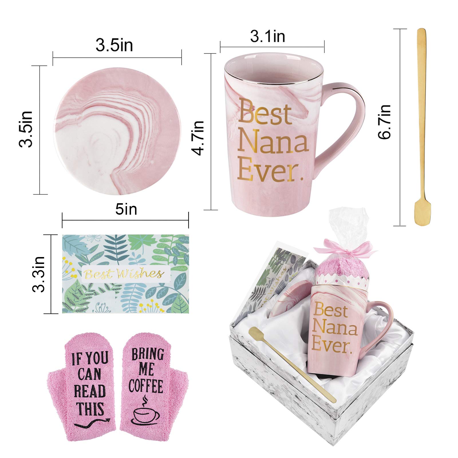 Best Nana Ever Funny Coffee Mug Nana Gifts for Women Grandma Mothers Day Gifts for Nana Women from Grandchildren Grandson Grandkids Grandma Marble Cup 14 Oz Pink with Gift Box, Socks