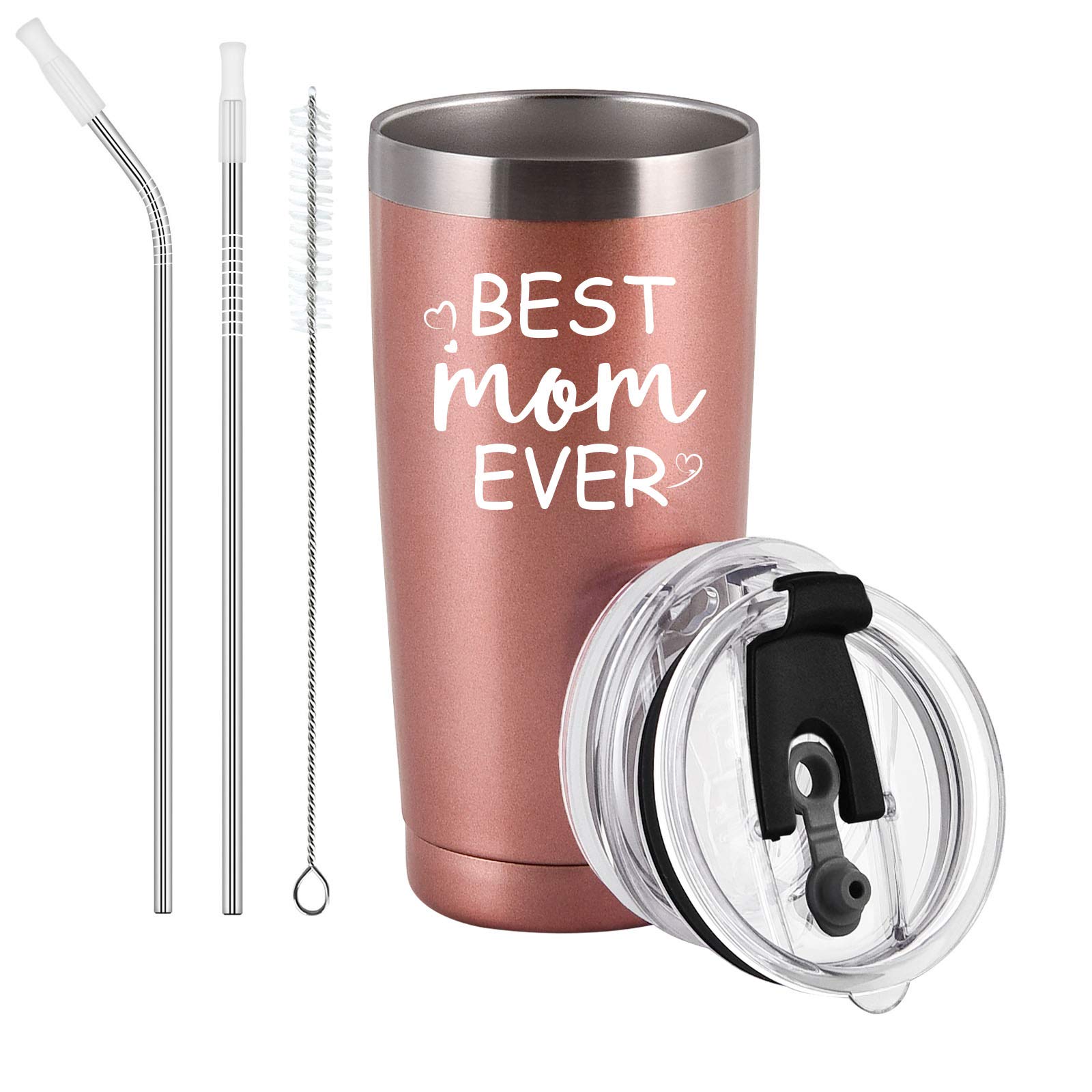 GINGPROUS Best Mom Ever Travel Tumbler with 2 Lids and Straws, Christmas Mother's Day Birthday Gifts for Mom Mommy Mother, Stainless Steel Insulated Mom Travel Tumbler for Women(20 Oz, Rose Gold)