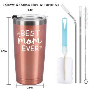 GINGPROUS Best Mom Ever Travel Tumbler with 2 Lids and Straws, Christmas Mother's Day Birthday Gifts for Mom Mommy Mother, Stainless Steel Insulated Mom Travel Tumbler for Women(20 Oz, Rose Gold)