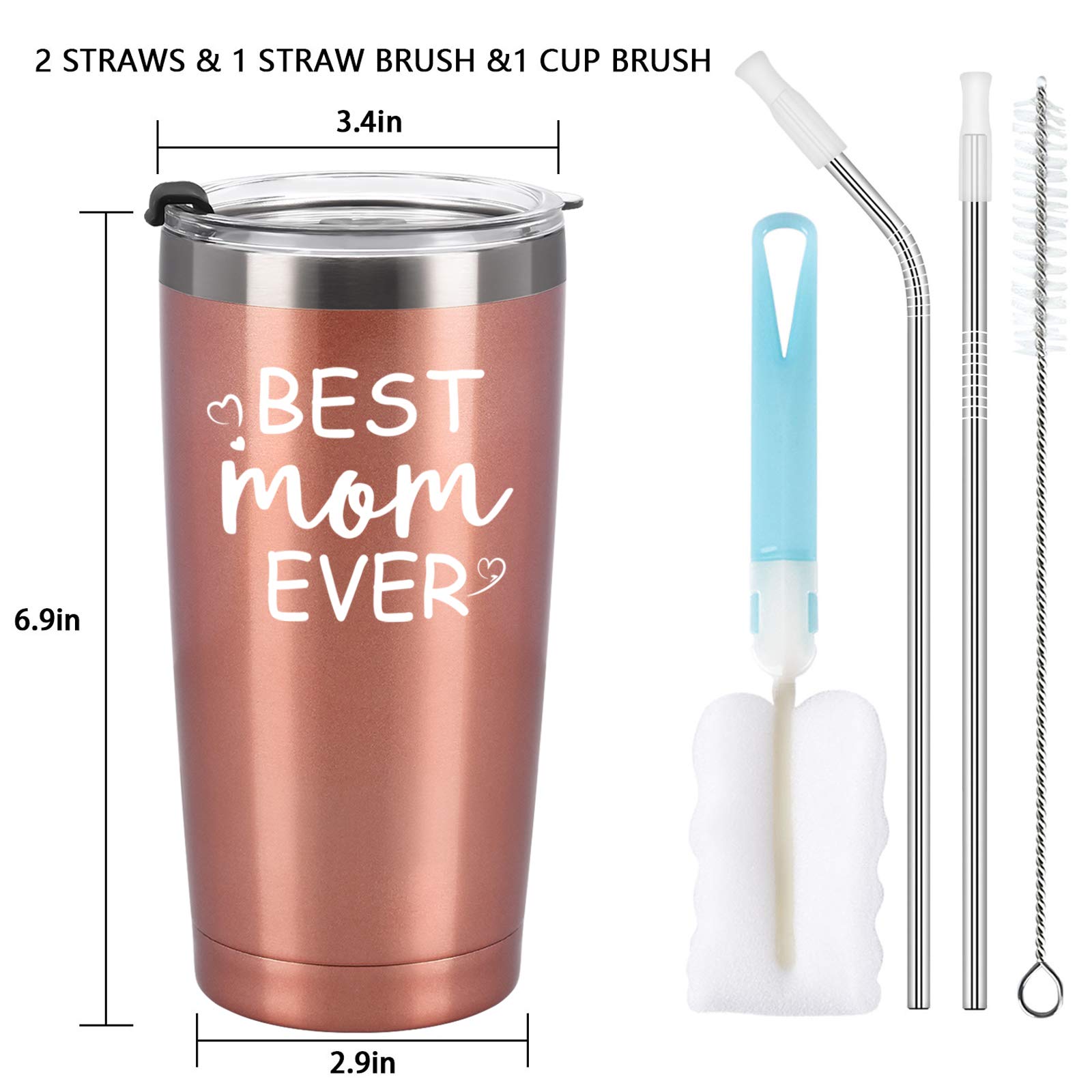 GINGPROUS Best Mom Ever Travel Tumbler with 2 Lids and Straws, Christmas Mother's Day Birthday Gifts for Mom Mommy Mother, Stainless Steel Insulated Mom Travel Tumbler for Women(20 Oz, Rose Gold)