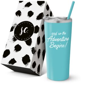 and so the adventure begins - personalized insulated coffee tumbler with lid – stainless steel insulated travel mug with straw – graduation, promotion, going away, job change - adventure awaits