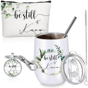Inbagi 3 Pieces Christian Gifts for Women Be Still and Know Religious Gifts 12 oz Stainless Steel Travel Tumbler Bible Verse Cosmetic Makeup Bag Inspirational Keychain Sets for Girls