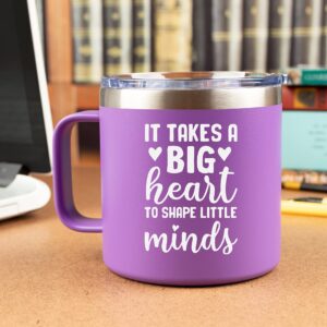 KLUBI Teacher Appreciation Gifts for Women – “It Takes a Big Heart to Shape Little Minds” 14oz Tumbler/Mug Purple Coffee- Cute Idea for Week, Women, Virtual Teaching, Best, Thank You, Birthday