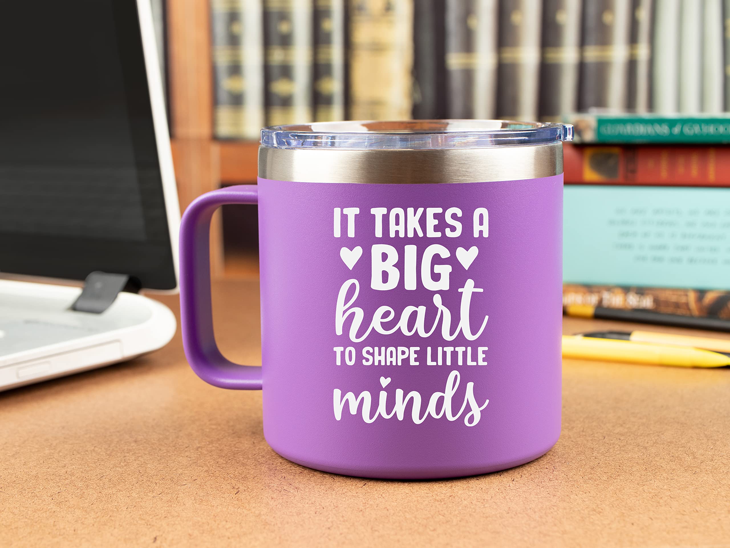 KLUBI Teacher Appreciation Gifts for Women – “It Takes a Big Heart to Shape Little Minds” 14oz Tumbler/Mug Purple Coffee- Cute Idea for Week, Women, Virtual Teaching, Best, Thank You, Birthday