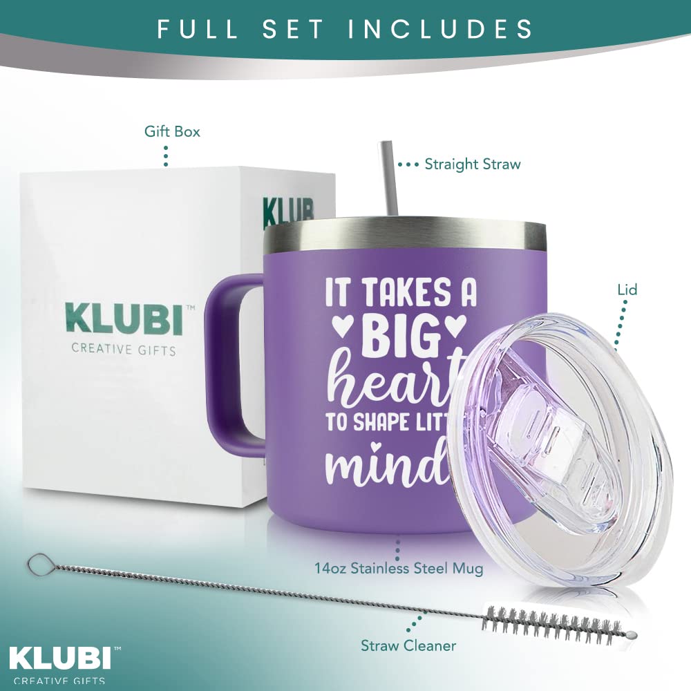 KLUBI Teacher Appreciation Gifts for Women – “It Takes a Big Heart to Shape Little Minds” 14oz Tumbler/Mug Purple Coffee- Cute Idea for Week, Women, Virtual Teaching, Best, Thank You, Birthday