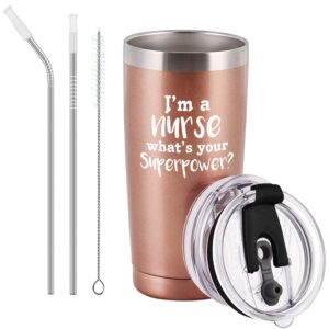 i'm a nurse travel tumbler with lid and straw, funny gifts for nurse, new nurse, women on nurse week graduation thanksgiving birthday, insulated stainless steel travel tumbler (20 oz, rose gold)