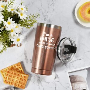 I'm a Nurse Travel Tumbler with Lid and Straw, Funny Gifts for Nurse, New Nurse, Women on Nurse Week Graduation Thanksgiving Birthday, Insulated Stainless Steel Travel Tumbler (20 Oz, Rose Gold)