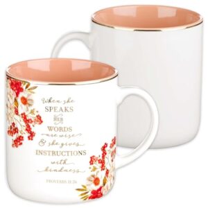 christian art gifts ceramic 14 oz coffee and tea mug for women when she speaks - proverbs 31:26 pink/red with gold metallic floral, lead-free and cadmium-free bible verse coffee mug