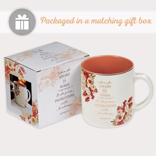 Christian Art Gifts Ceramic 14 oz Coffee and Tea Mug for Women When She Speaks - Proverbs 31:26 Pink/Red with Gold Metallic Floral, Lead-free and Cadmium-free Bible Verse Coffee Mug