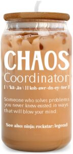 9clever chaos coordinator glass tumbler - thank you gift for women manager office, appreciation gifts for coworkers, funny gift for boss lady teacher nurse mother 16 oz cup