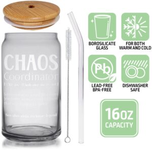 9CLEVER Chaos Coordinator Glass Tumbler - Thank You Gift for Women Manager Office, Appreciation Gifts for Coworkers, Funny Gift for Boss Lady Teacher Nurse Mother 16 Oz Cup
