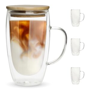 chef's unique double wall glass coffee mugs 16 oz - insulated coffee mugs with lid, clear glass cups for coffee tea latte cappuccino espresso (set of 4)
