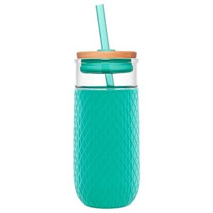 ello devon glass tumbler , protective no sweat silicone sleeve and splash proof wooden detail lid with straw, 18 oz