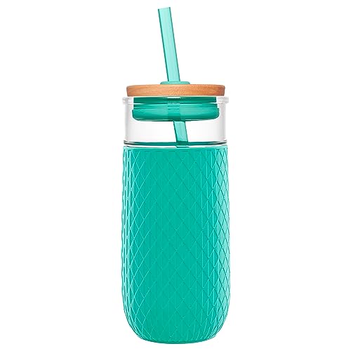 Ello Devon Glass Tumbler , Protective No Sweat Silicone Sleeve and Splash Proof Wooden Detail Lid with Straw, 18 oz