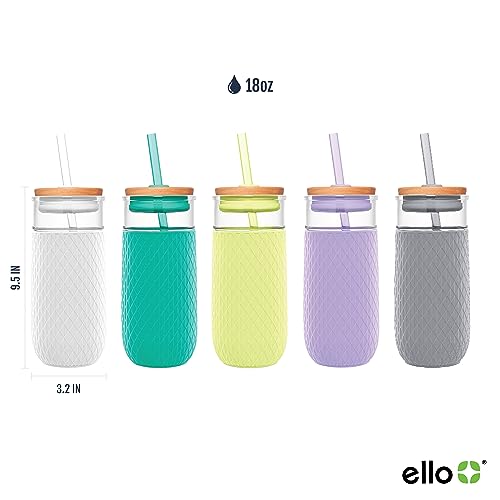 Ello Devon Glass Tumbler , Protective No Sweat Silicone Sleeve and Splash Proof Wooden Detail Lid with Straw, 18 oz