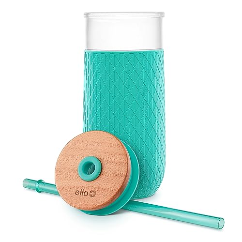 Ello Devon Glass Tumbler , Protective No Sweat Silicone Sleeve and Splash Proof Wooden Detail Lid with Straw, 18 oz
