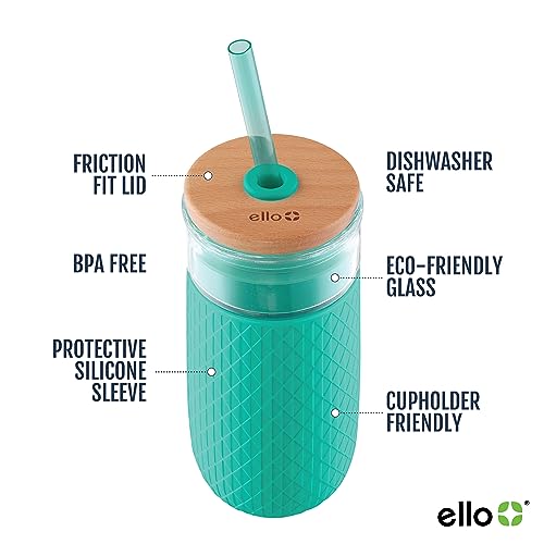 Ello Devon Glass Tumbler , Protective No Sweat Silicone Sleeve and Splash Proof Wooden Detail Lid with Straw, 18 oz