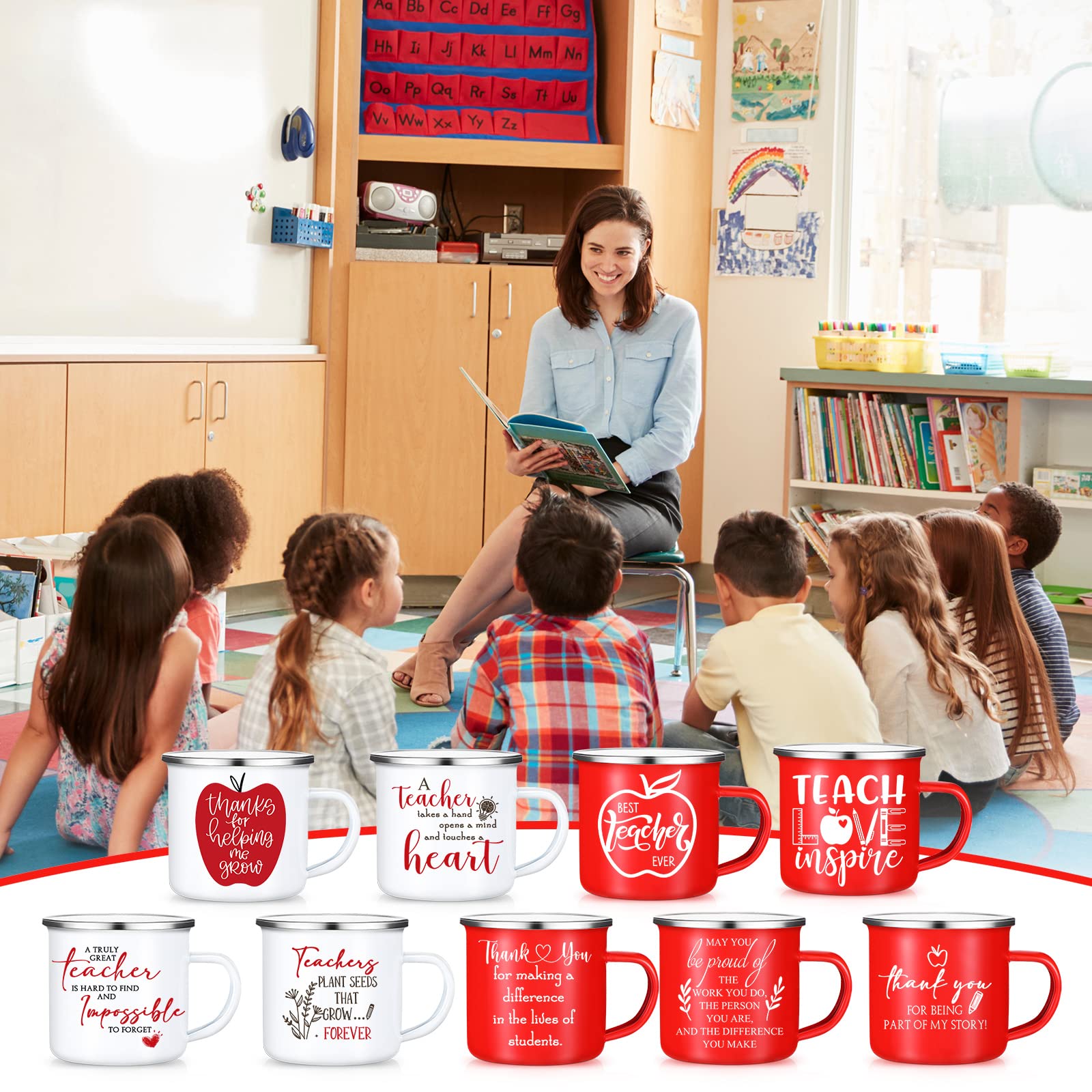 SEEWEY Teacher Thank You Christmas July Employee Appreciation Gift Bulk 12 oz Enamel Coffee Mug Inspirational Work Cups Birthday Teacher's Day Retirement Farewell Gifts for Women Coworker(9 Pcs)