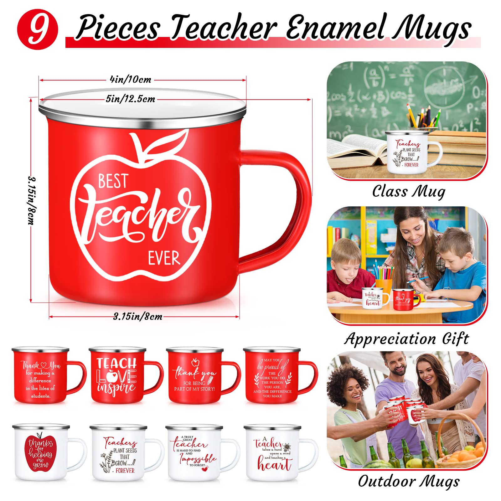 SEEWEY Teacher Thank You Christmas July Employee Appreciation Gift Bulk 12 oz Enamel Coffee Mug Inspirational Work Cups Birthday Teacher's Day Retirement Farewell Gifts for Women Coworker(9 Pcs)