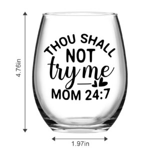 Futtumy Mom Gift, Thou Shall Not Try Me Mom Stemless Wine Glass 15oz, Funny Wine Glass for Women Mom Mother, Special Wine Gift for Mother’s Day Birthday Christmas