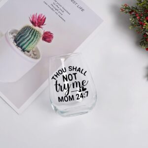 Futtumy Mom Gift, Thou Shall Not Try Me Mom Stemless Wine Glass 15oz, Funny Wine Glass for Women Mom Mother, Special Wine Gift for Mother’s Day Birthday Christmas