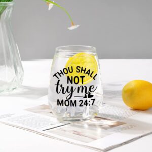 Futtumy Mom Gift, Thou Shall Not Try Me Mom Stemless Wine Glass 15oz, Funny Wine Glass for Women Mom Mother, Special Wine Gift for Mother’s Day Birthday Christmas