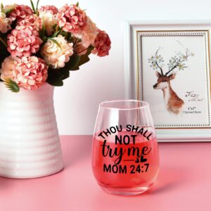 Futtumy Mom Gift, Thou Shall Not Try Me Mom Stemless Wine Glass 15oz, Funny Wine Glass for Women Mom Mother, Special Wine Gift for Mother’s Day Birthday Christmas