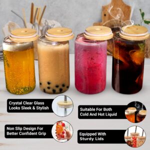 EMBICER Glass Cups with Lids and Straws – Set of 4 16Oz Mason Jar Drinking Glasses with Neoprene Sleeves – Premium Glass Cups with Bamboo Lids, Reusable Straw – Ideal for Iced Tea, Lemonade, Cocktail