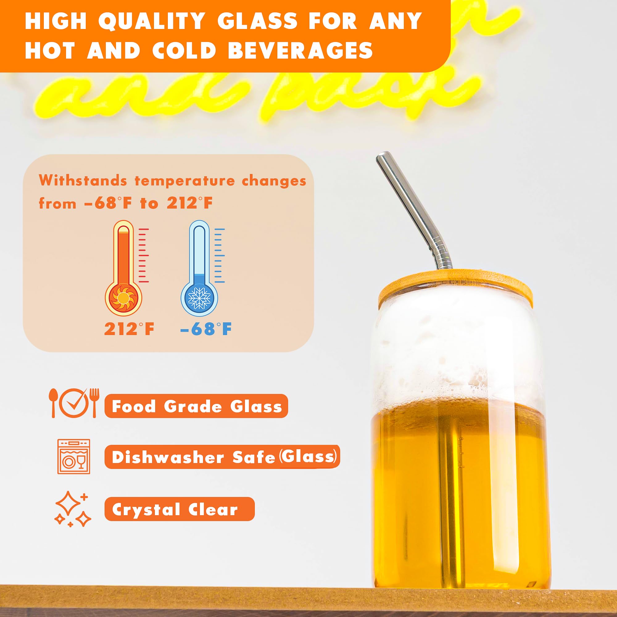 EMBICER Glass Cups with Lids and Straws – Set of 4 16Oz Mason Jar Drinking Glasses with Neoprene Sleeves – Premium Glass Cups with Bamboo Lids, Reusable Straw – Ideal for Iced Tea, Lemonade, Cocktail