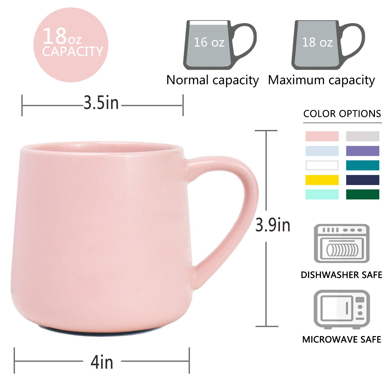 Bosmarlin Large Glossy Ceramic Coffee Mug, Pink Tea Cup for Office and Home, 18 oz, Suitable for Dishwasher and Microwave, 1 Pack (Pink)