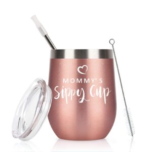 mommy's sippy cup wine tumbler with lid, mom birthday christmas gifts for mom new mom mother wife women mother's day thanksgiving day, insulated stainless steel stemless tumbler (12 oz, rose gold)
